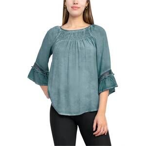 NEW FLORAL & IVY round neck 3/4 sleeve ruched neck top in denim